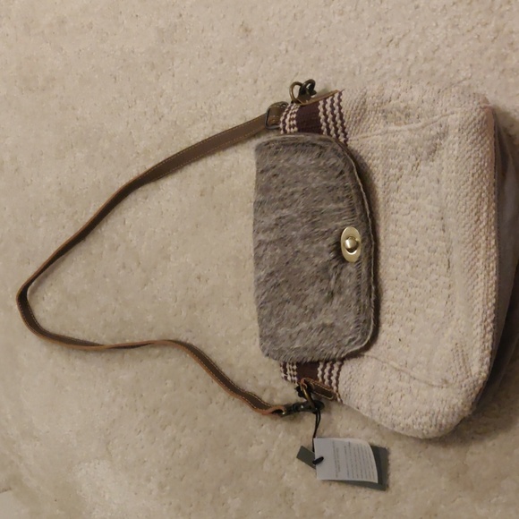 Myra Bag Handbags - MYRA BAG - Crossbody/backpcCanvas Cowhide Med Shoulder Bag, Gray Brown and Beige